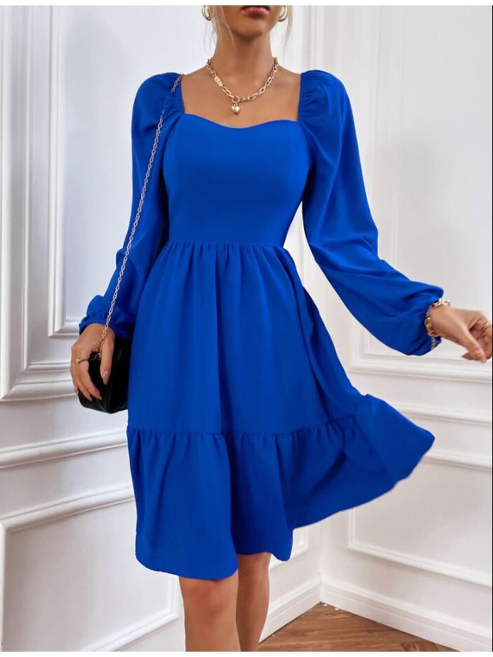 Nanette Lepore Mini Dress WMNS 8 Cobalt Blue Smocked Long Puff Sleeve Ruffle Hem